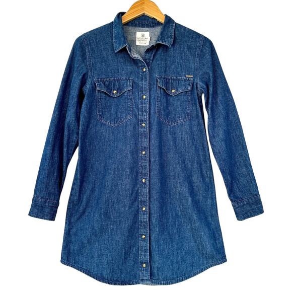 Volcom Pearl Snap Western Denim Mini shirt Dress blue jean rodeo festival Small - Picture 1 of 11